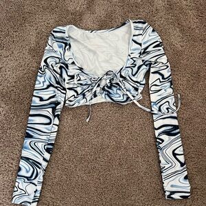 SHEIN White and Blue Crop Blouse with Tie Front and Fitted Style